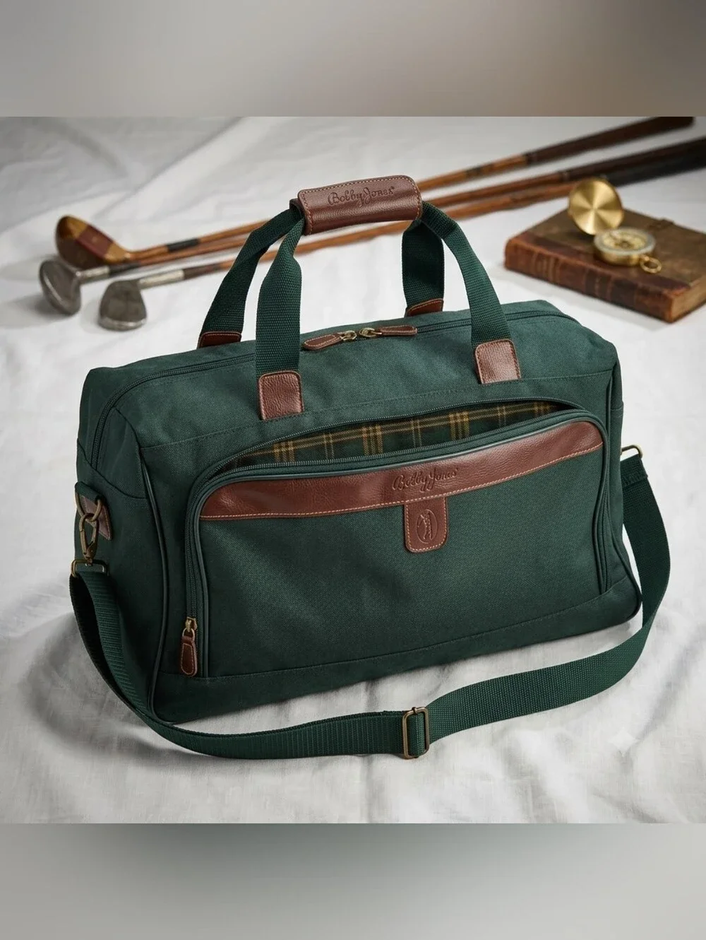 Bobby Jones Golf Travel Duffel Bag Green Canvas Leather Trim Weekender Carry-On